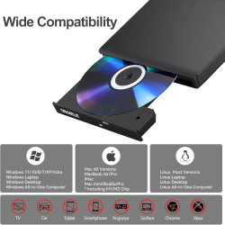 Lecteur CD Externe USB 3.0 et Type-C Portable CD/DVD +/-RW Graveur DVD Externe, Ultra Mince Lecteur DVD Externe pour PC Laptop D