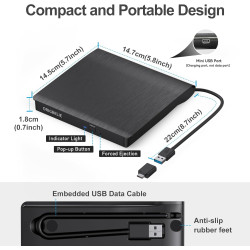 Lecteur CD Externe USB 3.0 et Type-C Portable CD/DVD +/-RW Graveur DVD Externe, Ultra Mince Lecteur DVD Externe pour PC Laptop D