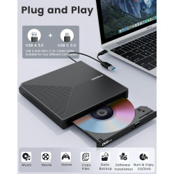 Graveur DVD Externe USB 3.0 Type-C, Plug and Play CD/DVD +/-RW Drive, Mince Lecteur CD DVD Externe pour PC Portable de Bureau iM