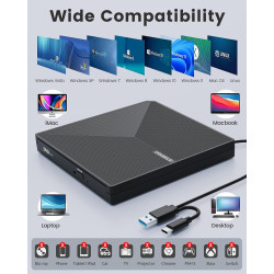 Graveur DVD Externe USB 3.0 Type-C, Plug and Play CD/DVD +/-RW Drive, Mince Lecteur CD DVD Externe pour PC Portable de Bureau iM