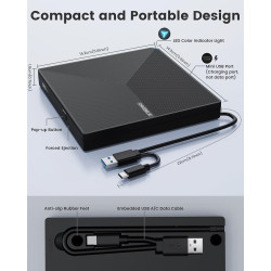 Graveur DVD Externe USB 3.0 Type-C, Plug and Play CD/DVD +/-RW Drive, Mince Lecteur CD DVD Externe pour PC Portable de Bureau iM
