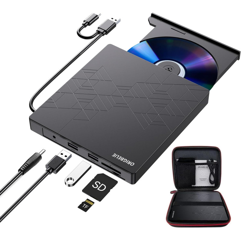 Lecteur CD Externe pour PC, USB 3.0 Type C CD/DVD +/-RW Graveur DVD Externe avec Lecteur de Carte SD/TF, Mince Lecteur DVD Exter