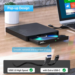 Lecteur CD Externe pour PC, USB 3.0 Type C CD/DVD +/-RW Graveur DVD Externe avec Lecteur de Carte SD/TF, Mince Lecteur DVD Exter