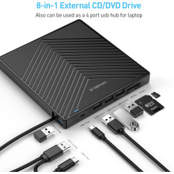 Lecteur CD DVD Externe pour PC, USB 3.0 et Type-C CD/DVD +/-RW Graveur Enregistreur, Mince Graveur DVD Externe pour PC Laptop De