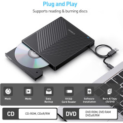 Lecteur CD DVD Externe pour PC, USB 3.0 et Type-C CD/DVD +/-RW Graveur Enregistreur, Mince Graveur DVD Externe pour PC Laptop De