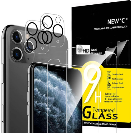 NEW'C Lot de 4, 2 x Verre Trempé pour iPhone 11 Pro et 2 x Protection Ecran Caméra Arrière -sans Bulles d'air -Ultra Résistant -
