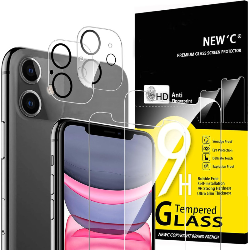 NEW'C Lot de 4, 2 x Verre Trempé pour iPhone 11 et 2 x Protection Caméra Arrière -sans Bulles d'air -Ultra Résistant - Dureté 9H