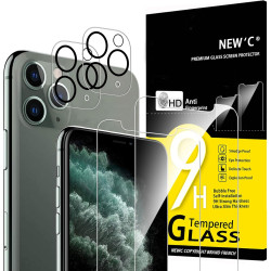 NEW'C Lot de 4, 2 x Verre Trempé pour iPhone 11 Pro Max et 2 x Protection Caméra Arrière - sans Bulles d'air -Ultra Résistant - 