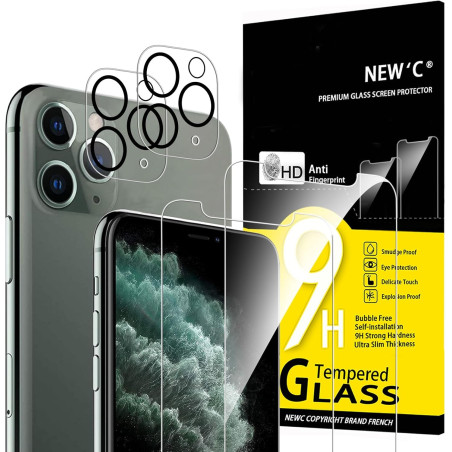 NEW'C Lot de 4, 2 x Verre Trempé pour iPhone 11 Pro Max et 2 x Protection Caméra Arrière - sans Bulles d'air -Ultra Résistant - 
