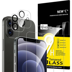 NEW'C Lot de 4, 2 x Verre Trempé pour iPhone 12 Mini et 2 x Protection Ecran Caméra Arrière - sans Bulles d'air -Ultra Résistant