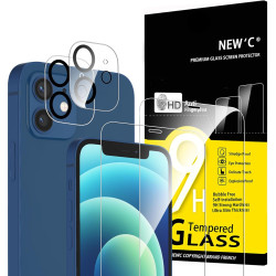 NEW'C Lot de 4, 2 x Verre Trempé pour iPhone 12 et 2 x Protection Ecran Caméra Arrière -sans Bulles d'air -Ultra Résistant - Dur