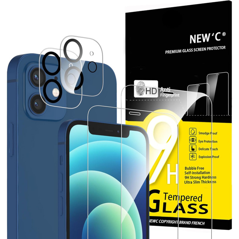 NEW'C Lot de 4, 2 x Verre Trempé pour iPhone 12 et 2 x Protection Ecran Caméra Arrière -sans Bulles d'air -Ultra Résistant - Dur