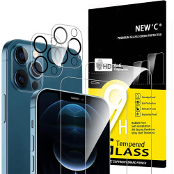 NEW'C Lot de 4, 2 x Verre Trempé pour iPhone 12 Pro et 2 x Protection Caméra Arrière -sans Bulles d'air -Ultra Résistant - Duret