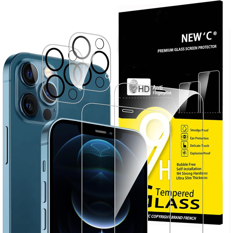 NEW'C Lot de 4, 2 x Verre Trempé pour iPhone 12 Pro et 2 x Protection Caméra Arrière -sans Bulles d'air -Ultra Résistant - Duret
