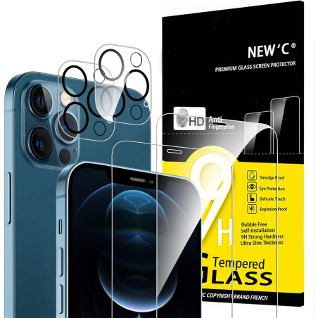 NEW'C Lot de 4, 2 x Verre Trempé pour iPhone 12 Pro et 2 x Protection Caméra Arrière -sans Bulles d'air -Ultra Résistant - Duret