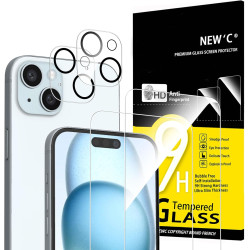 NEW'C Lot de 4, 2 x Verre Trempé pour iPhone 15 Plus (6.7") et 2 x Protection Caméra Arrière - sans Bulles d'air -Ultra Résistan