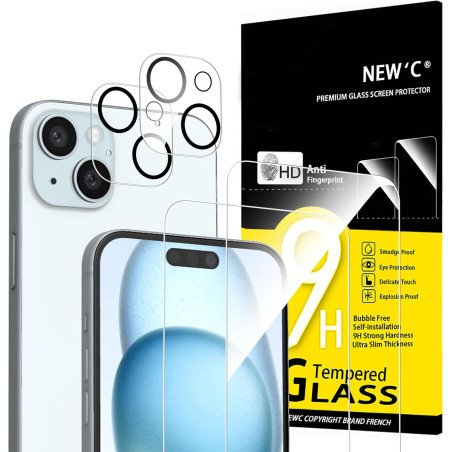 NEW'C Lot de 4, 2 x Verre Trempé pour iPhone 15 Plus (6.7") et 2 x Protection Caméra Arrière - sans Bulles d'air -Ultra Résistan