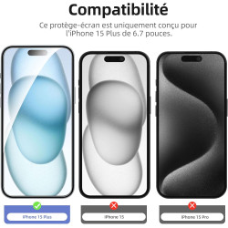 NEW'C Lot de 4, 2 x Verre Trempé pour iPhone 15 Plus (6.7") et 2 x Protection Caméra Arrière - sans Bulles d'air -Ultra Résistan