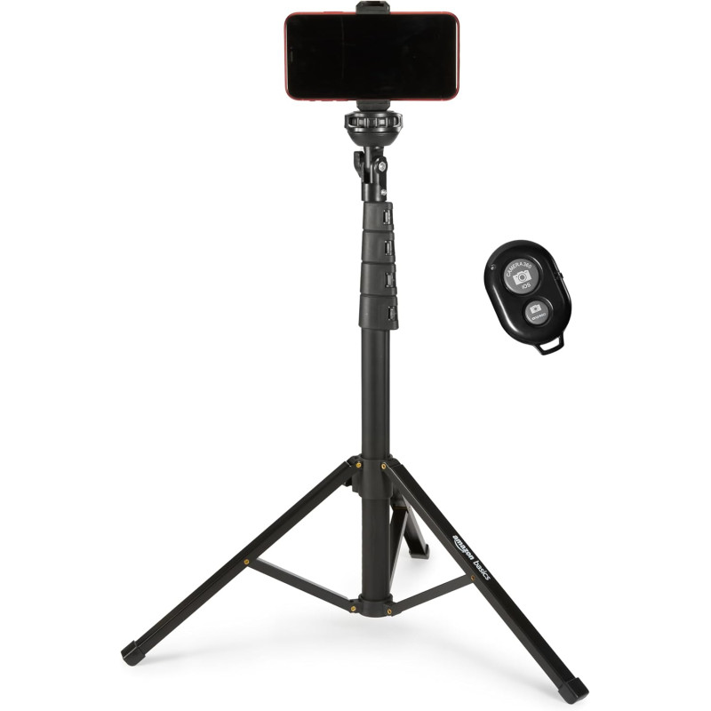 Amazon Basics Trépied Extensible pour Téléphone et Perche à Selfie 162,0cm, avec Télécommande sans Fil, Noir