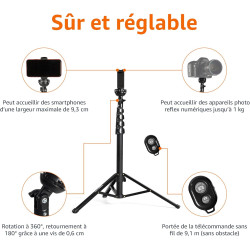 Amazon Basics Trépied Extensible pour Téléphone et Perche à Selfie 162,0cm, avec Télécommande sans Fil, Noir