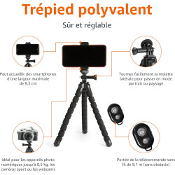 Amazon Basics Trépied Portable et Flexible 25,0cm avec Télécommande sans Fil et Support pour Téléphone, Noir