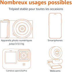 Amazon Basics Trépied Portable et Flexible 25,0cm avec Télécommande sans Fil et Support pour Téléphone, Noir