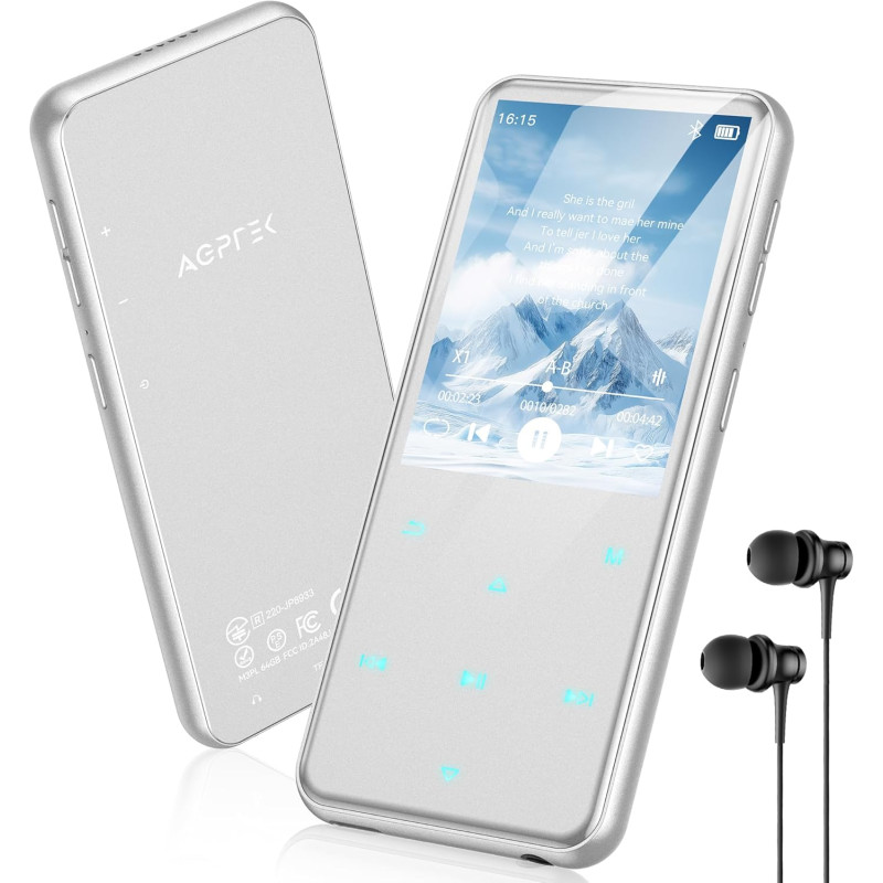 Agptek 64go mp3 bleutooth avec haut-parleur, 2.4" grand écran lecteur mp3 en métal qualité sonore hifi audio mp4 baladeur sport 