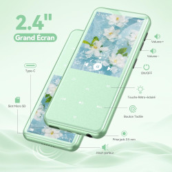 Agptek 64go mp3 bleutooth avec haut-parleur, 2.4" grand écran lecteur mp3 en métal qualité sonore hifi audio mp4 baladeur sport 