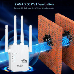 Répéteur WiFi, Amplificateur WiFi 1200 Mbps, 5GHz/2.4GHz Puissant Répéteur WiFi 4 Antennes, Port Ethernet Gigabit, WiFi Extender