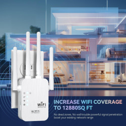 Répéteur WiFi, Amplificateur WiFi 1200 Mbps, 5GHz/2.4GHz Puissant Répéteur WiFi 4 Antennes, Port Ethernet Gigabit, WiFi Extender