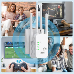 Répéteur WiFi, Amplificateur WiFi 1200 Mbps, 5GHz/2.4GHz Puissant Répéteur WiFi 4 Antennes, Port Ethernet Gigabit, WiFi Extender