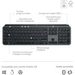 Logitech mx keys s plus clavier sans fil rechargeable, clavier silencieux, rétroéclairé, touches ergonomiques et programmables, 