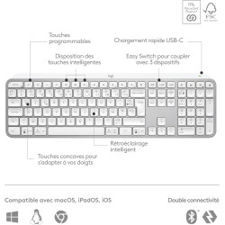 Logitech mx keys s clavier sans fil rechargeable usb c, clavier silencieux, rétroéclairé, touches ergonomiques et programmables,
