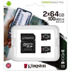 Kingston Canvas Select Plus Carte MIcro SD SDCS2/64GB-2P1A Class 10 (2x cards,SD Adaptateur inclus)