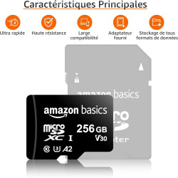 Amazon Basics Carte Mémoire microSDXC avec Adaptateur Grande Taille, A2, U3, Vitesse de Lecture Jusqu’à 100Mbit/s, 256Go, Noir