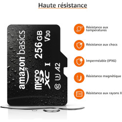 Amazon Basics Carte Mémoire microSDXC avec Adaptateur Grande Taille, A2, U3, Vitesse de Lecture Jusqu’à 100Mbit/s, 256Go, Noir