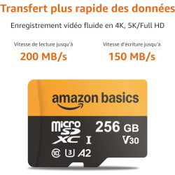 Amazon Basics Carte microSDXC 256 Go avec Adaptateur, Vitesse de Lecture jusqu’à 200 Mo/s, Lot de 1