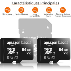 Amazon Basics Carte Mémoire MicroSDXC, avec Adaptateur SD, A2, U3, vitesse de lecture maximale de 100 Mb/s, 64 GB (lot de 2), No