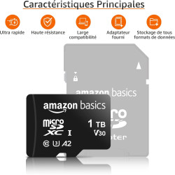 Amazon Basics Carte Mémoire MicroSDXC, 1 TB, avec Adaptateur SD, A2, U3, vitesse de lecture maximale de 100 Mo/s, Noir