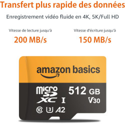 Amazon Basics Carte microSDXC de 512 Go avec Adaptateur, Vitesse de Lecture jusqu’à 200 Mo/s, Lot de 1