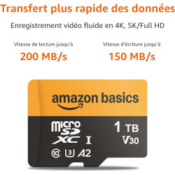 Amazon Basics Carte microSDXC de 1 To avec Adaptateur, Vitesse de Lecture jusqu’à 200 Mo/s, Lot de 1