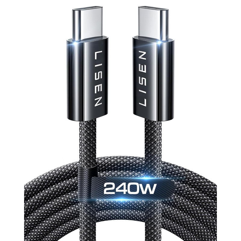 LISEN 240W Cable USB C Charge Rapide, 2m PD 5A Cable USB C vers USB C Câble Chargeur USBC Nylon Tressé pour iPhone 17 16 Samsung