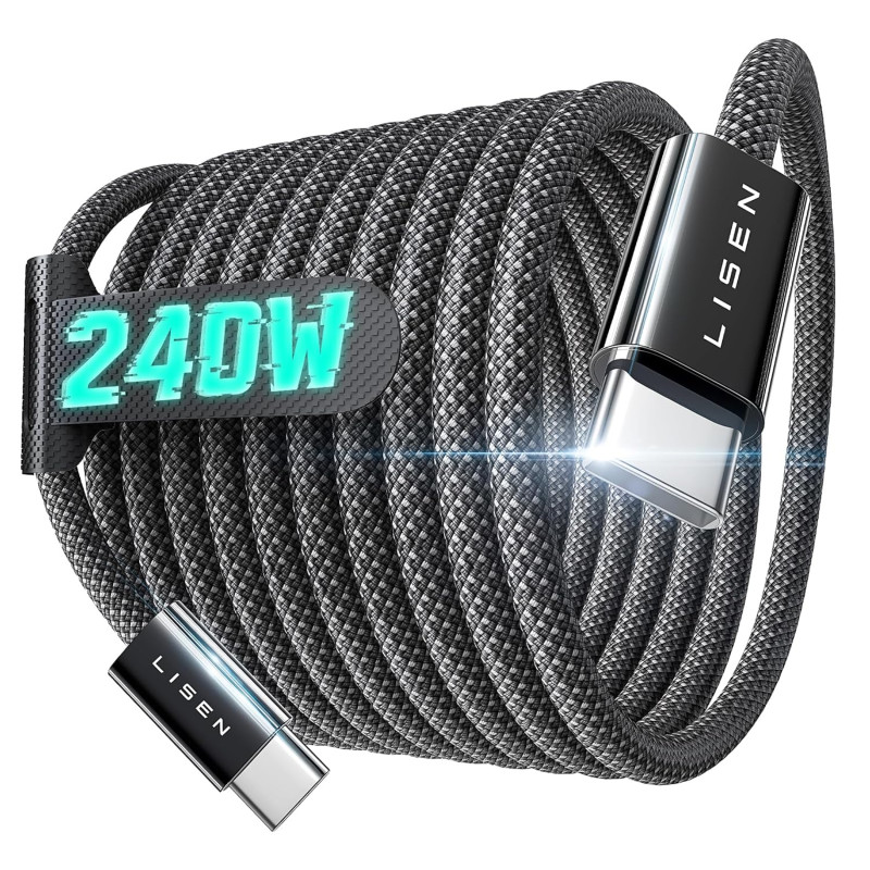 LISEN 240W Cable USB C Charge Rapide, 3m PD 5A Cable USB C vers USB C Câble Chargeur USBC Nylon Tressé pour iPhone 17 16 Samsung