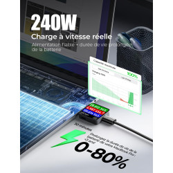 LISEN 240W Cable USB C Charge Rapide, 3m PD 5A Cable USB C vers USB C Câble Chargeur USBC Nylon Tressé pour iPhone 17 16 Samsung