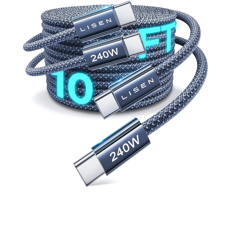 LISEN 240W Cable USB C Charge Rapide, 3m+3m PD 5A Cable USB C vers USB C Câble Chargeur USBC Nylon Tressé pour iPhone 17 16 Sams