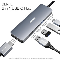 BENFEI Hub USB C Adaptateur Compatible avec iPhone 15/16 Plus Pro Max, MacBook iPad Pro Air, multiport USB-C 5 en 1, Gris, avec 