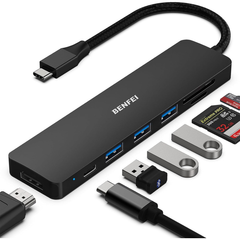 BENFEI Hub USB C Adaptateur Compatible avec iPhone 15/16 Plus Pro Max, MacBook iPad Pro Air, multiport USB-C 7 en 1, Noir, avec 