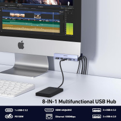 BENFEI Hub USB C Adaptateur Compatible avec iPhone 15/16 Plus Pro Max, MacBook iPad Pro Air, multiport USB-C 8 en 1, Gris, avec 