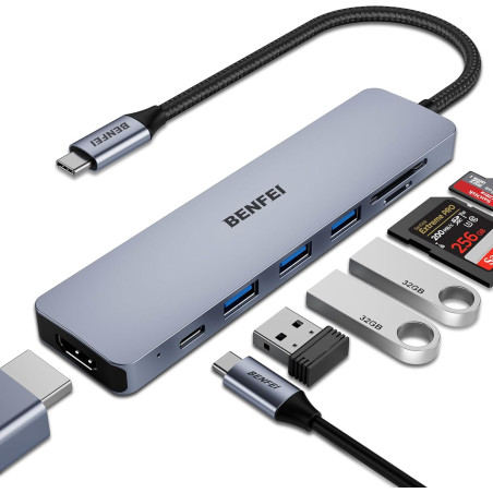 BENFEI Hub USB C 7 en 1, Adaptateur multiport USB-C, avec HDMI (certifié 4K @ 60Hz), Alimentation 100 W, 3 Ports USB 3.0 5 Gbps/