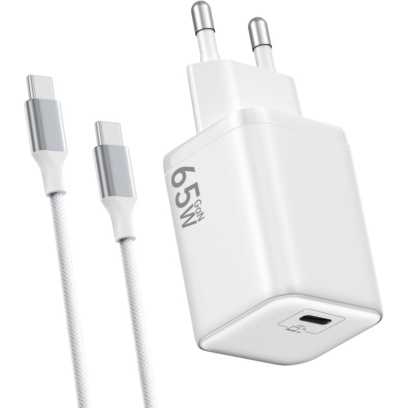 Chargeur USB C 65W, Charge Rapide PD3.0 PPS, GaN II avec Câble Tressé 2M, Compatible pour MaxBook Pro/Air, pour Samsung Galaxy S